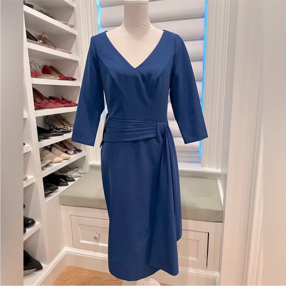 NWT Kay Unger marine blue rider midi dress with side sash size 4